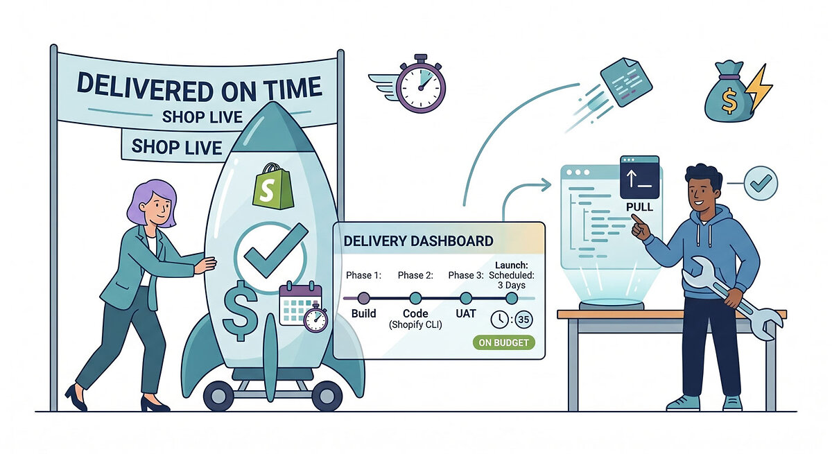 Illustration showing a team delivering a web project