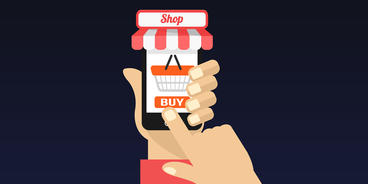 Cartoon basket on mobile with buy button