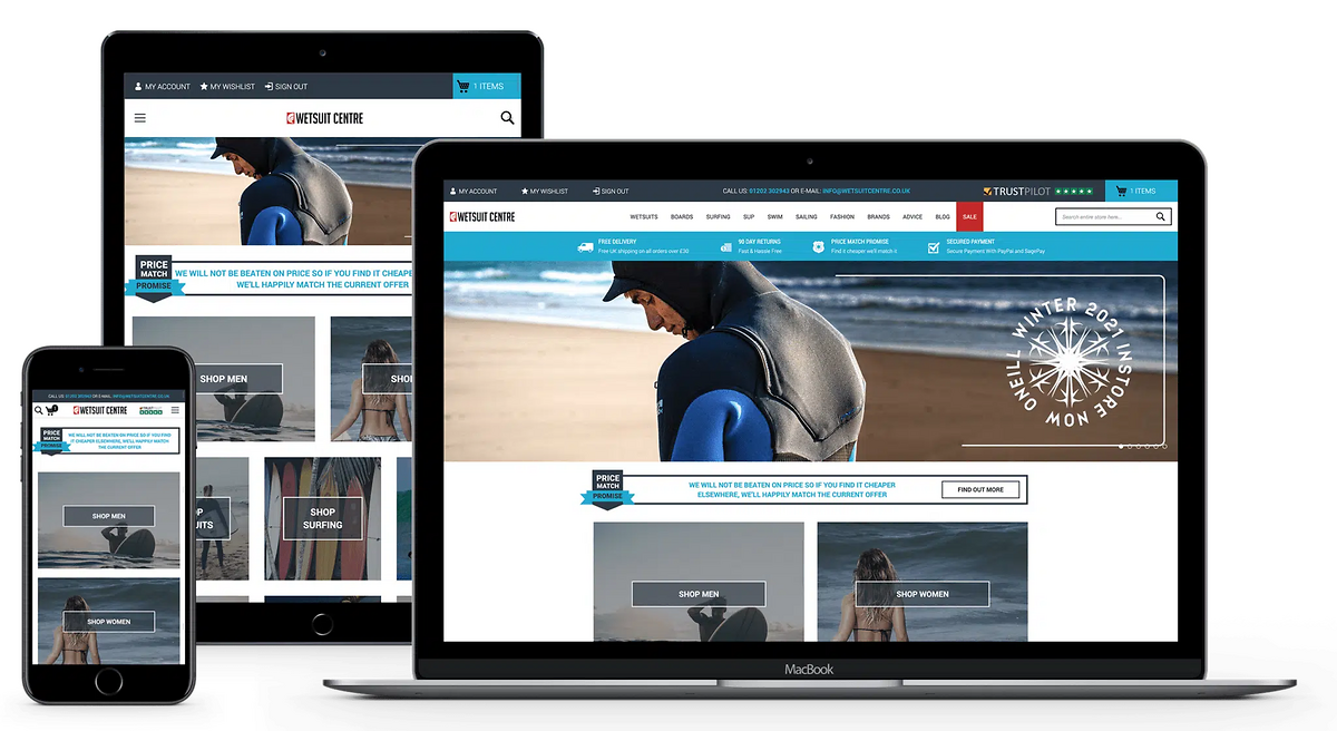 Wetsuit site on mobile, tablet and laptop