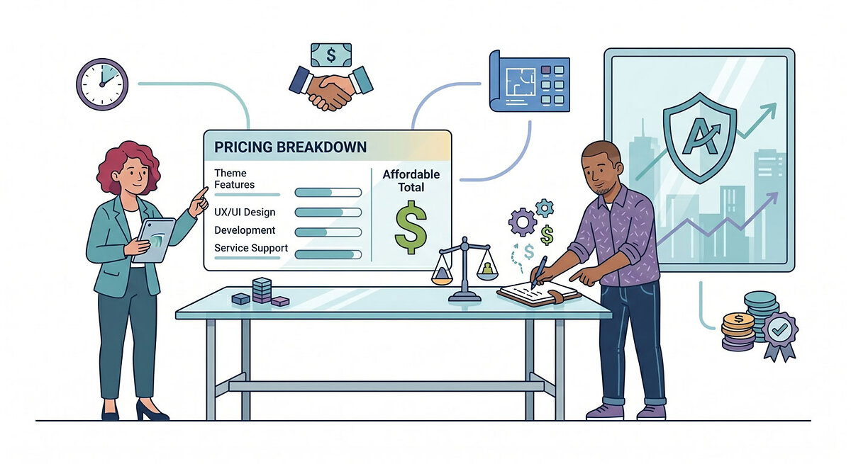 Illustation showing people explaining affordable pricing